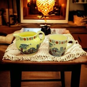 Vtg MOTTAHEDEH Yellow Cup & Pitcher Set Portugal Smithsonian Tea Coffee Gift